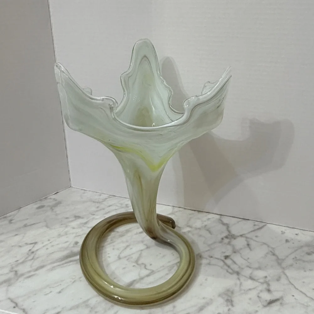 Vintage Murano Style Hand-Blown‎ Art Glass Vase Yellow White Swirl Pattern